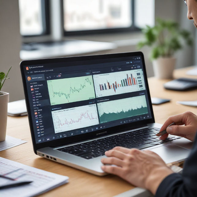 A person examines financial charts on a laptop while sitting at a desk, with slot gacor symbols on the screen.