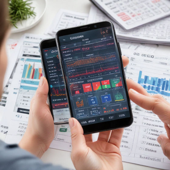 Person analyzing online slot game results on a smartphone, financial graphs displayed on the screen.