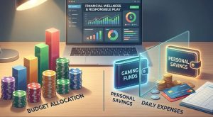 A clean financial illustration showing casino chips organized like a budget chart, digital wallets separated from personal finances, calm professional lighting, modern gambling and finance crossover theme.