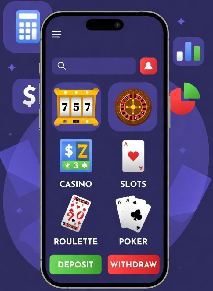 smartphone showing online casino games with financial icons