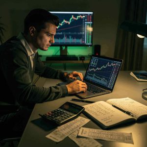 A focused gambler analyzing charts on a laptop, financial graphs mixed with betting slips, calculator and notebook on desk, modern workspace, dim lighting with green and gold tones symbolizing money and strategy.