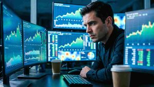 A sports bettor studying odds on multiple screens, probability charts and financial data overlays