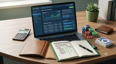 A responsible bankroll management for online gambling, showing a laptop displaying a secure online casino dashboard, a calculator, notebook with a budget plan, poker chips, playing cards, and a wallet on a clean desk