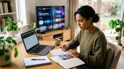 Person reviewing a simple personal budget beside a laptop, calculator, notebook, and digital entertainment screen.